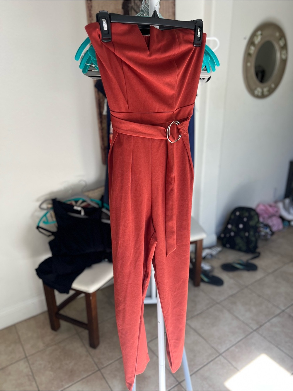 Strapless Rust Red Belted Jumpsuit